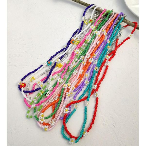 

chokers korea lovely daisy flower collar colorful beaded necklace for women handmade acrylic rices beads short choker jewelry, Golden;silver