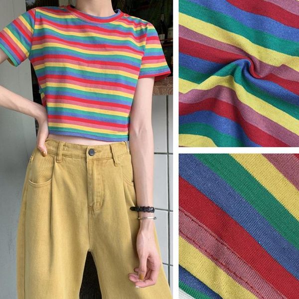 

women's t-shirt short rainbow contrast color stripes sleeve red, White