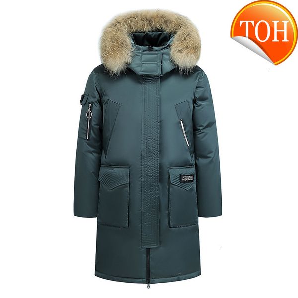 

-30 degree winter men down jacket thermal removable fur collar multi-pocket puffer coat male casual hooded windproof long parka, Black