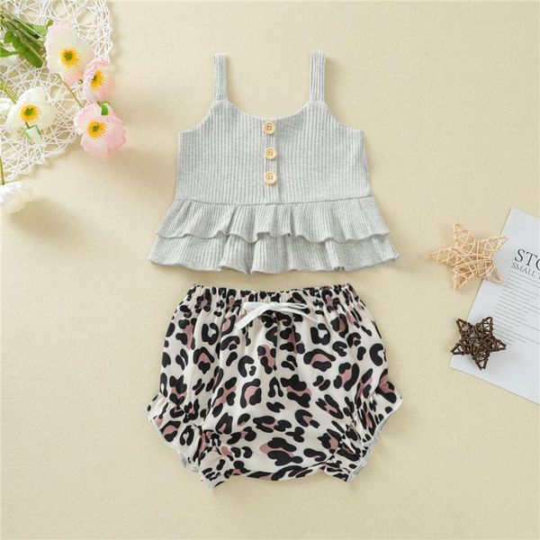 

clothing sets 2pcs baby girls summer clothes sets,casual solid color ruffles suspender and leopard triangle short pants,6months-4years, White