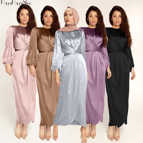 

simple style belt dress dubai party gown women muslim satin abaya kaftan islamic loose clothing turkish maxi robe ramadan casual dresses, Black;gray