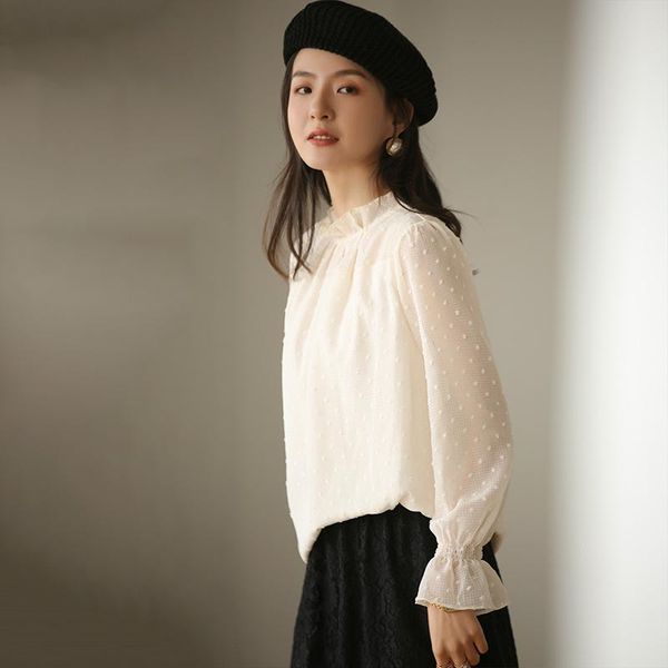 

women's blouses & shirts korean fashion clothing women lantern sleeve elegant office lady french chic dot oversized female blousas, White