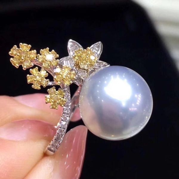 

pearl ring fine jewelry natural about 12mm fresh water white rings for women cluster, Golden;silver