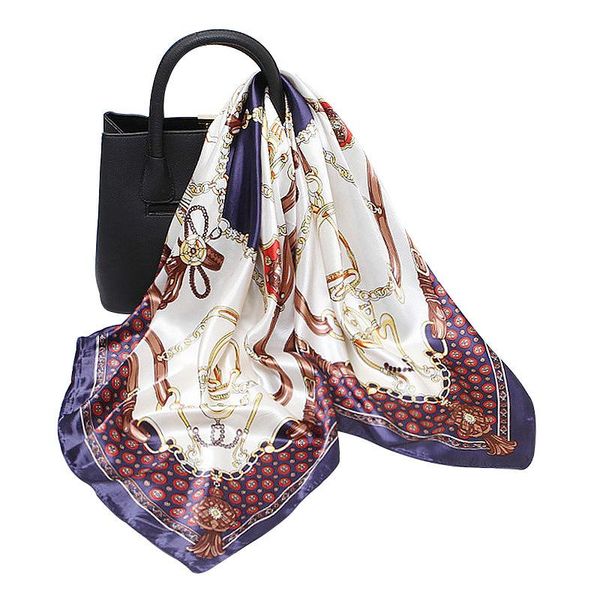 

scarves 2021 spring and summer imitation silk satin printed small square scarf all-match shawl, Blue;gray