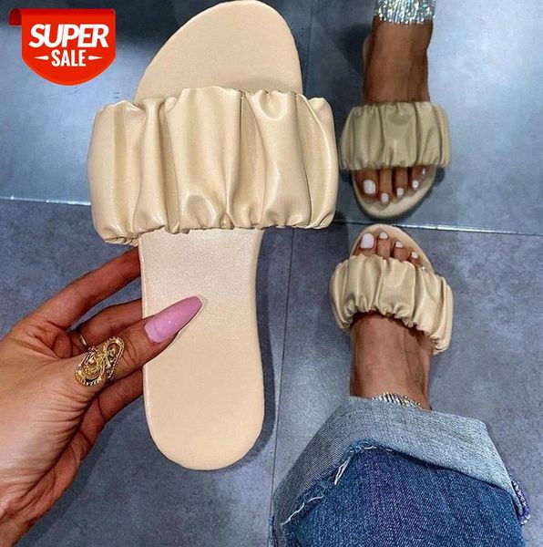 

2021 leather sandals women runway party shoes mules slippers folded leather design zapatos mujer flat shoes women #cj0a