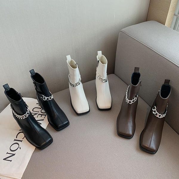 

boots square toe women ankle short fashion party pumps thick mid heels side zipper winter snow bootes size 35-39, Black