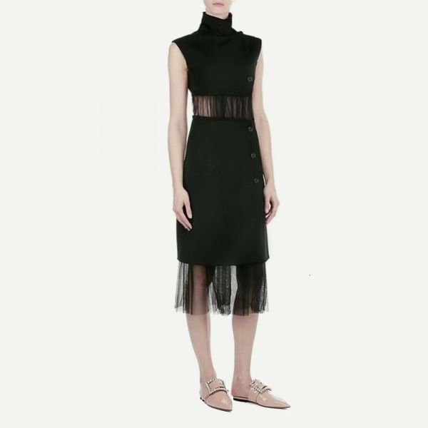 

casual dresses runway fashion women fall winter party clothes tailor chic see-through mesh sleeveless black long dress 58nv, Black;gray