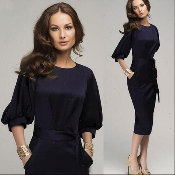 

spring office mod calf pencil women dresses with sashes lantern sleeve slim bodycon business party vestidos, Black;gray