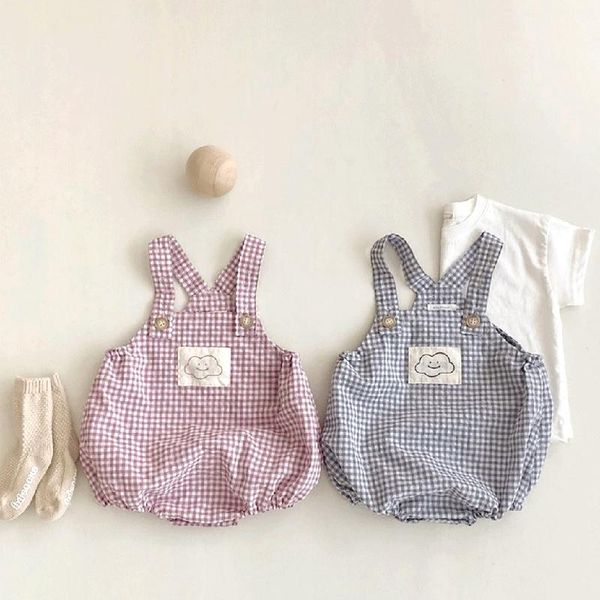 

summer baby clothes cute clouds print bodysuit korean plaid boys overalls rompers, Blue