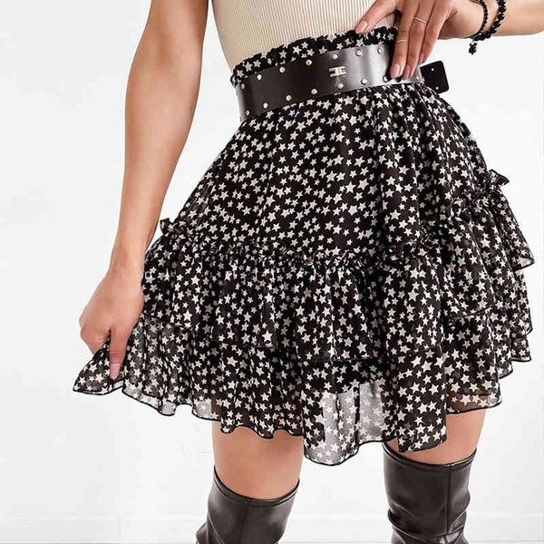 

skirts 2021 summer high waist star print chiffon women casual ruffles mini elastic female a line beach short ljv9, Black