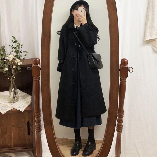 

women's wool & blends black winter coat women elegant streetwear fall long loose cashmere coats plaszcze damskie zimowe clothing be50nz