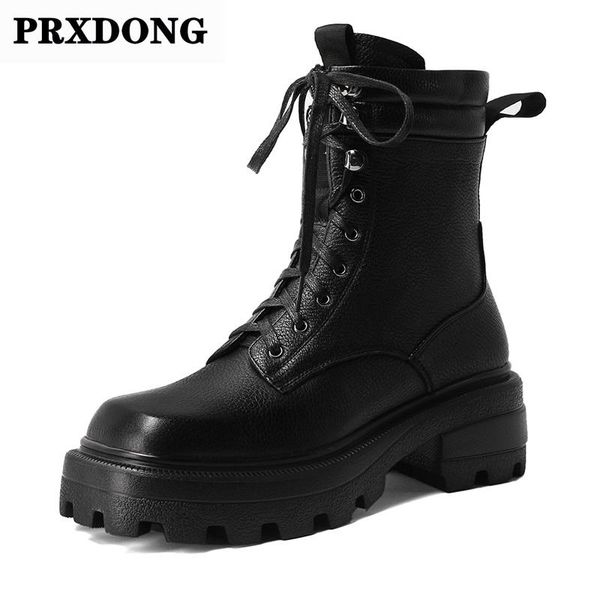 

boots 2021 shallow platform autumn winter shoes women ankle cross tied genuine leather chunky heels motorcycle woman, Black