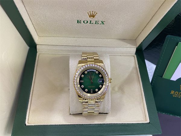 

original box certificate 18k gold president male watches day date diamonds green dial watch men stainless diamond bezel automatic wristwatch, Slivery;brown