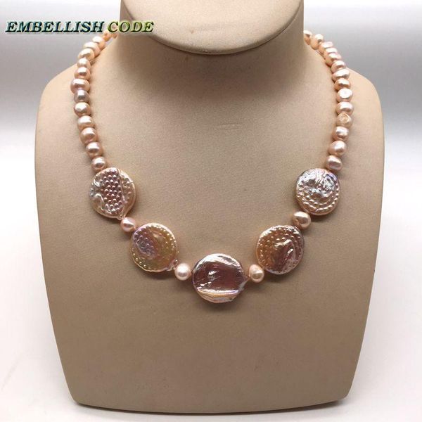 

ethnic style peach large flat round coin and 7mm baroque pearl bead shape freshwater pearls choker necklace fold face for women chokers, Golden;silver