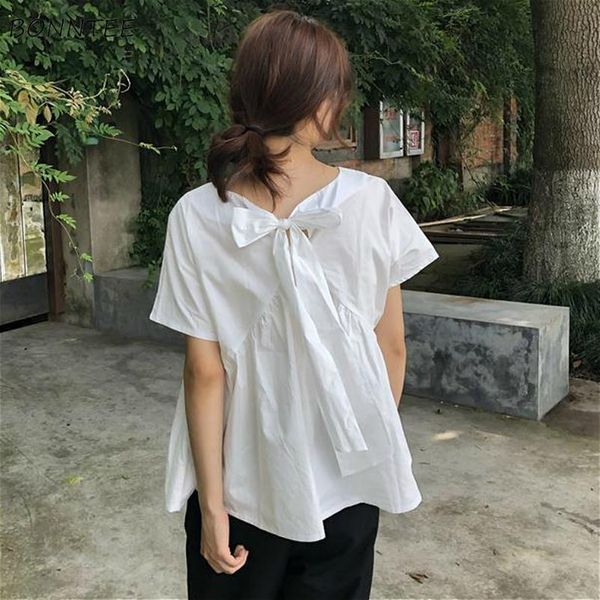 

solid white minimalist chic back women blouses bow lace up design ladies shirts korean trendy short sleeve summer all match