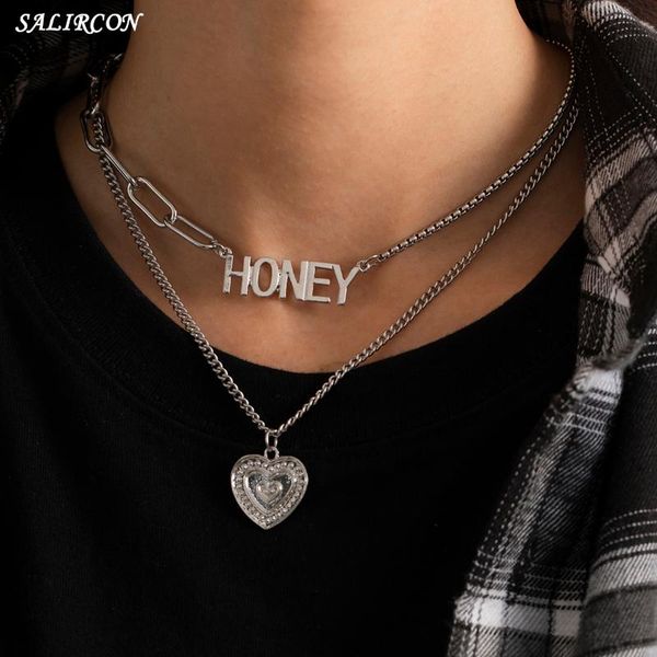 

kpop stainless steel heart letter pendant necklace for women men goth aesthetic key lock link chain choker punk jewelry chains, Silver