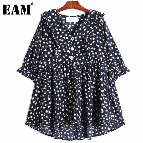 

[eam] women pattern printed big size ruffles blouse v-collar three-quarter sleeve shirt fashion spring summer 1dd8653 21512, White