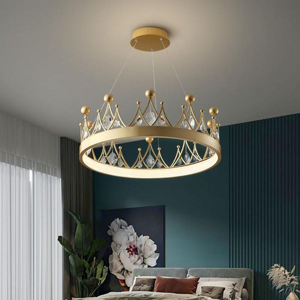

pendant lamps nordic bedroom led dimmable lights painted gold metal hanging lamp k9 crystals suspend lamparas fixtures