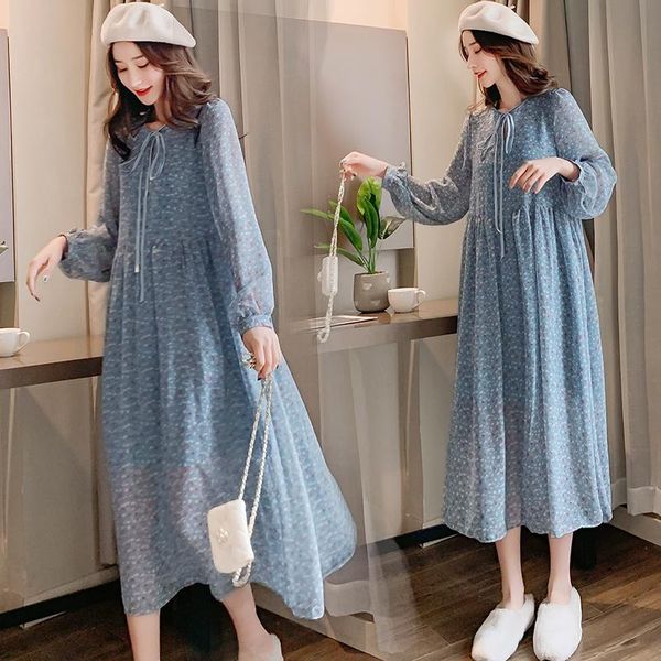 

maternity dresses long-sleeved pregnant women floral chiffon dress sweet beach fashion printing pregnancy long loose, White