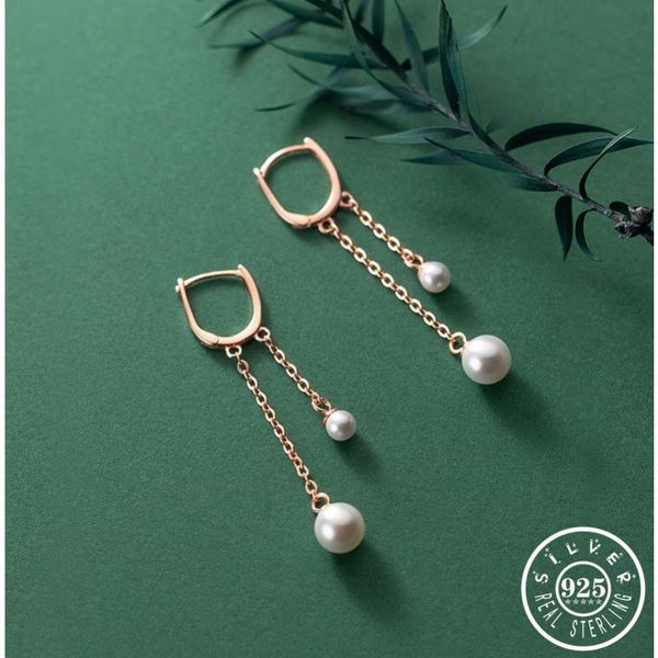 

hoop & huggie 925 sterling silver white round shell pearl pendant rose gold color plated long tassel chain hoops earrings jewelry for women, Golden;silver