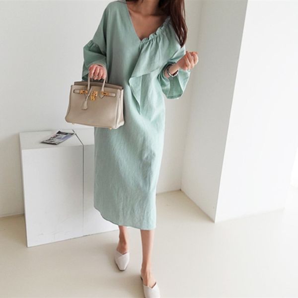 

summer green korea sweet ruffles loose casual cotton llinen v neck fashion full sleeve womens dress dresses e059 210603, Black;gray
