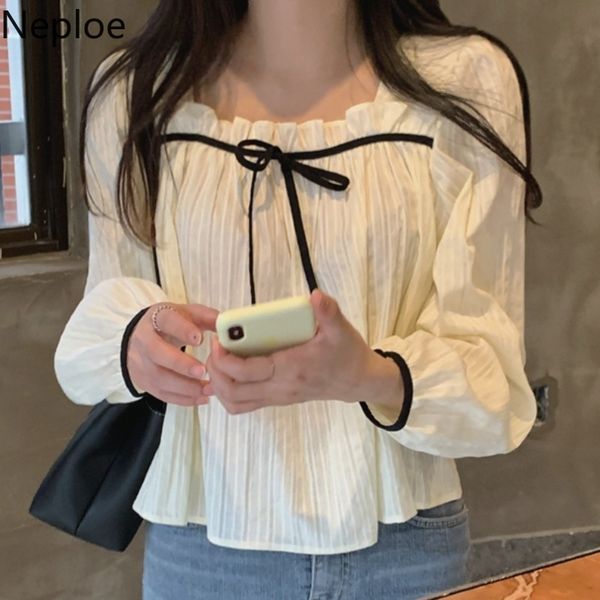 

neploe female square neck blouse women spring ruffles jacquard blouse elegant white blusas sleeve long-sleeve shirt 4h742 210422