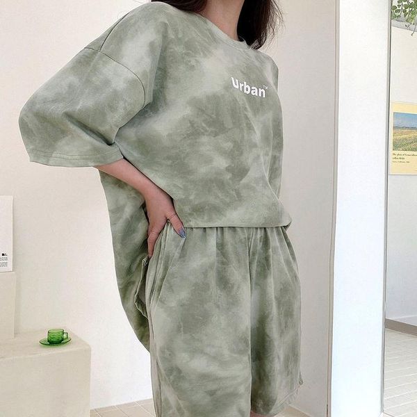

women's tracksuits retro brand green tie dye cotton two piece sets women comfort tracksuit 2021summer casual plus size shorts t-shirt t, Gray