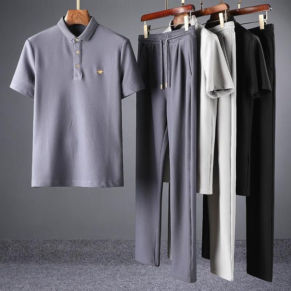 

men's tracksuits jsbd summer high end honeycomb breathable two piece ultra thin silk-smooth short sleeve lapel casual sports suit, Gray