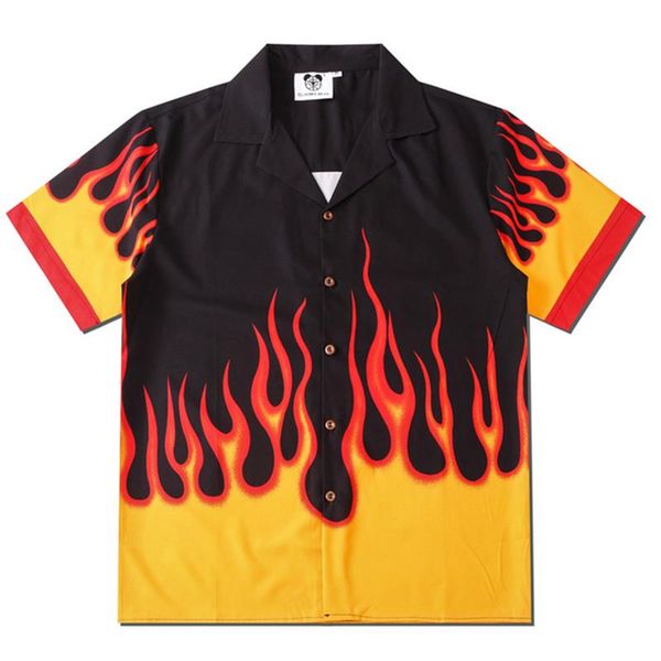 

men's casual shirts 2021 hip hop men flame full printed oversized turn-down collar women summer short sleeve fashion hawaiian beach, White;black