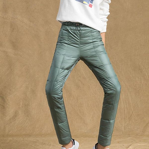 

women's pants & capris winter women double face down padded pencil woman slim elastic waist thick lady 80% duck trousers pt-151, Black;white