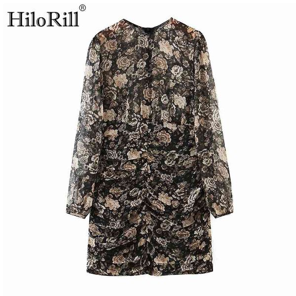 

bodycon floral mini dress o neck pleated chiffon transparent long sleeve print party vestido de mujer 210508, Black;gray