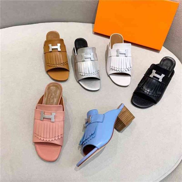 

i-shaped tassel sandals slippers middle heel thick 5.5cm, Black