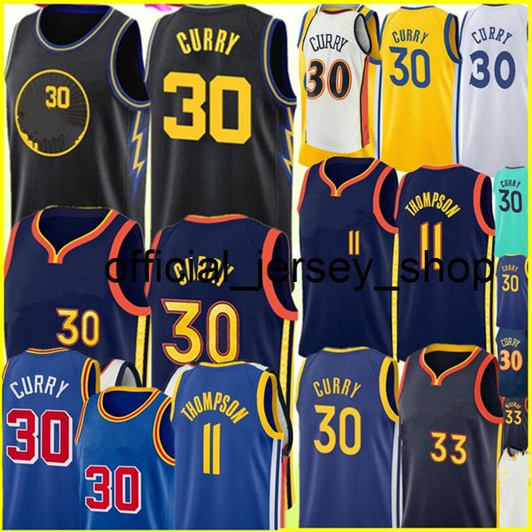 Stephen 30 Curry Jersey Klay 11 Thompson 33 Wiseman Maglie da basket Uomo S-XXL Blu Giallo Bianco Verde Alta qualità 2021 2022 cucita s