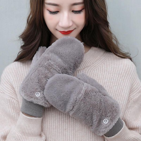 

five fingers gloves stylish winter soft plush flip cover half finger women comfortable convenient warmer outdoor, Blue;gray