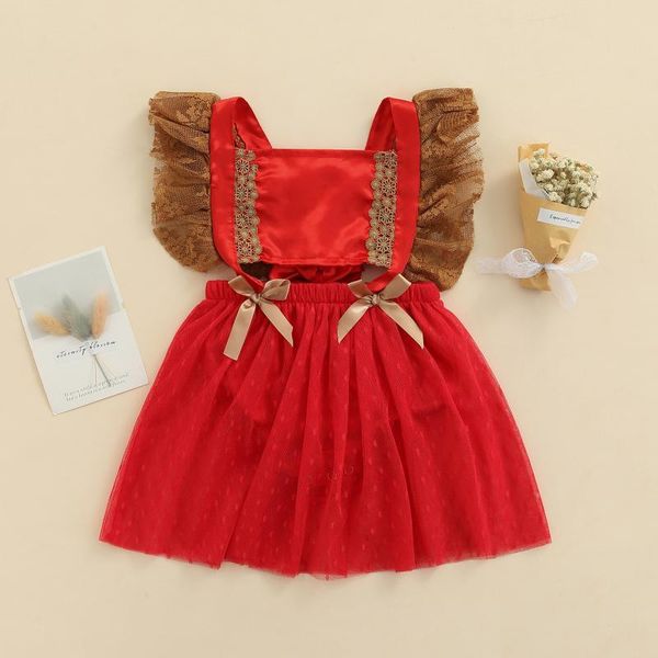 

girl's dresses 2021 3-24m infant baby girls princess dress summer flower lace short sleeve red square collar bows hollow tutu for party, Red;yellow