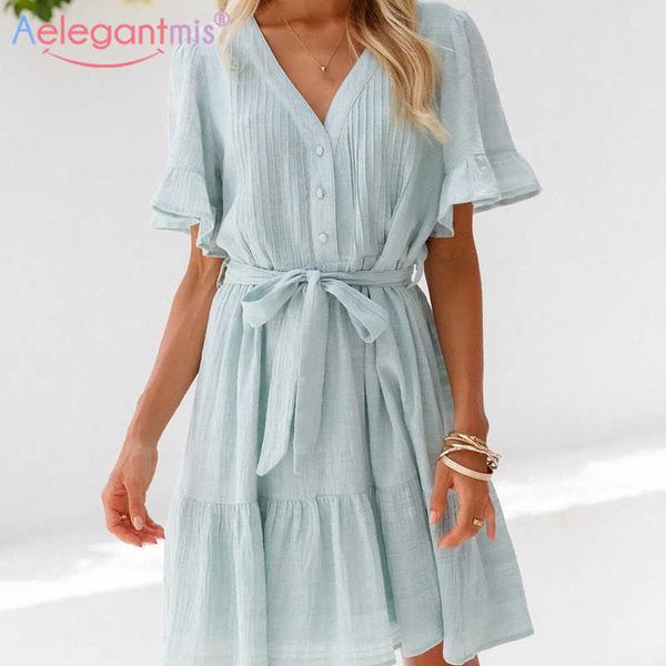 Aelegantmis Scollo a V Allentato A Line Dress Donna Sashes Flare Sleeve Casual Abiti al ginocchio Estate Corea Chic Vestidos De Mujer 210607