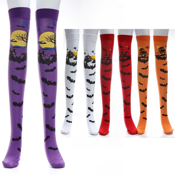 

halloween womens socks thigh high stockings pumpkin printed cosplay party, Black;white