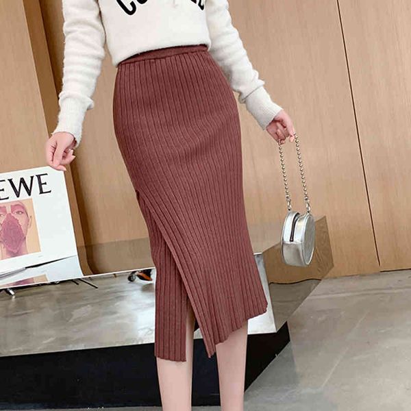 

casual dresses autumn winter chic knitted midi skirt women split bodycon s slim high waist pencil warm female faldas li98, Black;gray