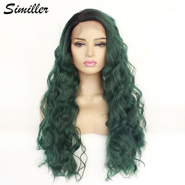 

similler side part natural long curly high temperature fiber black root green ombre synthetic hair women lace front wig cosplay1