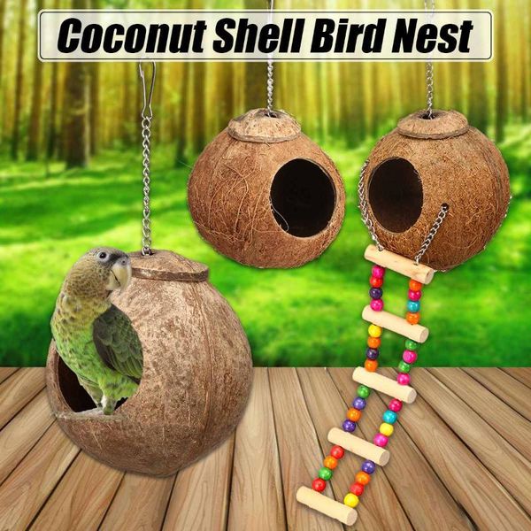 

natural coconut shell bird nest house hut cage feeder pet parrot with hanging lanyard parakeet supplies cages