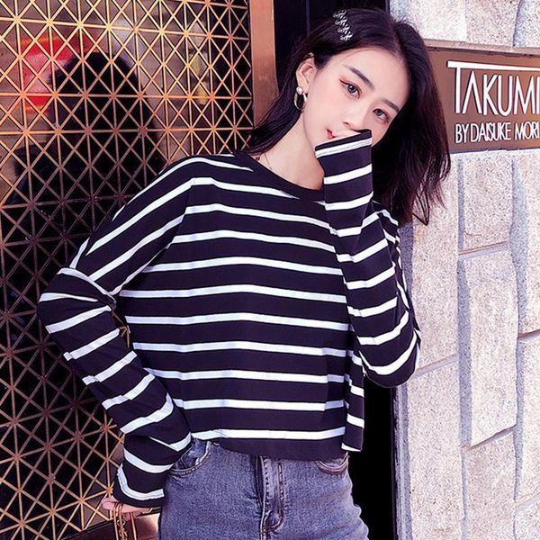 

women's t-shirt spring and autumn cotton black white striped long sleeve loose size korean open navel net red high