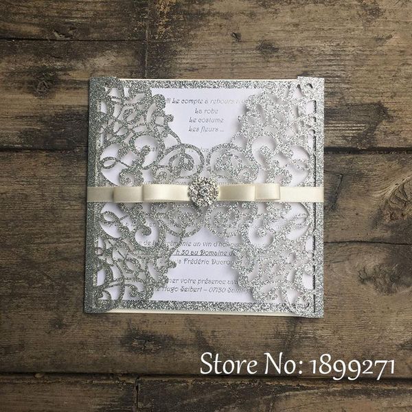 

greeting cards 50pcs silver glitter luxury wedding invitations elegant die laser cut with ribbon envelopes