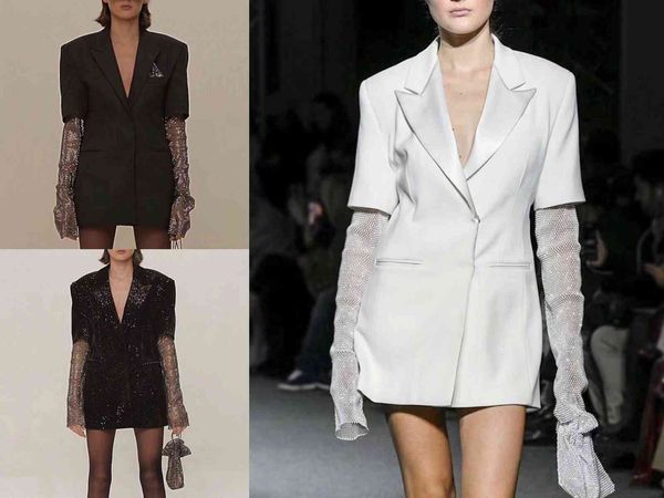 

women's suits & blazers british style latest spring and autumn temperament trend pearl mesh long sleeve stitching black blazer d360, White;black