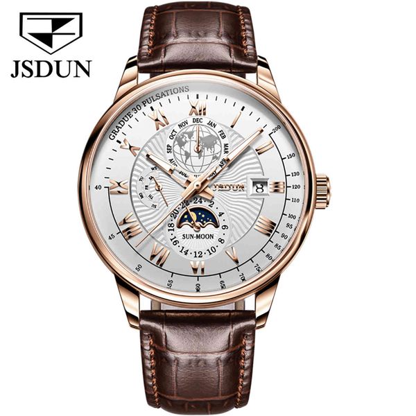 

jsdun fashion men brand sport wristwatches self wind automatic mechanical calendar leather watch clockruby 50 meters water, Slivery;brown