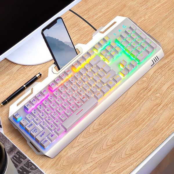 

key gaming keyboard wired metal rgb backlight keyboards ergonomic design with phone bracket for gamer