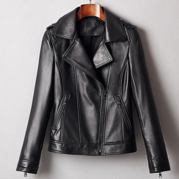 

women's leather & faux genuine jacket women real sheepskin coat 2021 spring fashion ladies clothing y830, Black