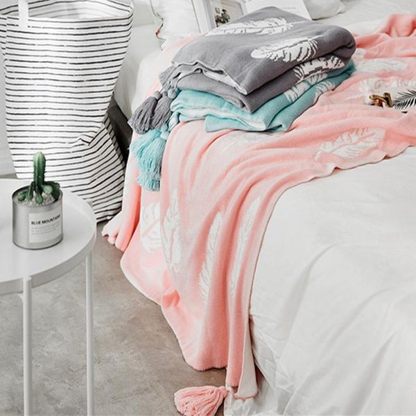

blankets nordic style knitting feather pattern tassels nap blanket children air conditioning car ins home decor