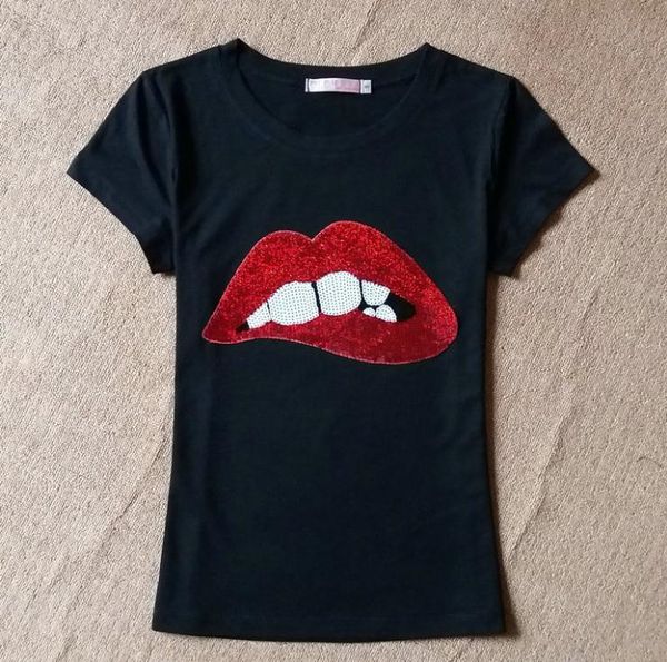 

women's t-shirt summer red sequins lips short-sleeved, White