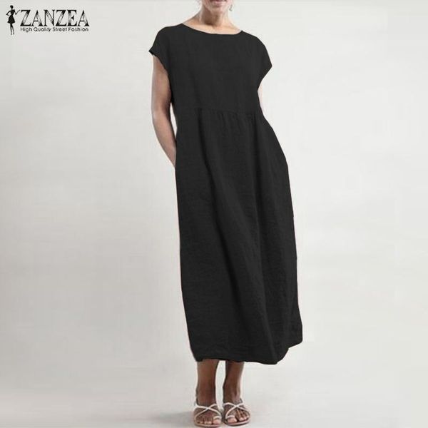 

casual dresses maxi dress 2021 zanzea women summer sundress solid mid calf vestidos cotton linen sleeveless robe longue femme plus size, Black;gray