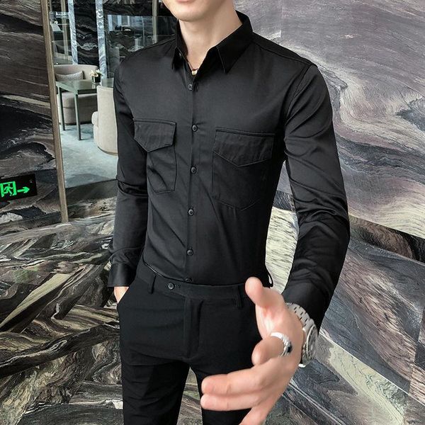 

men's casual shirts british style solid shirt men long sleeve fashion 2021 autumn business formal wear slim fit blouses o212, White;black
